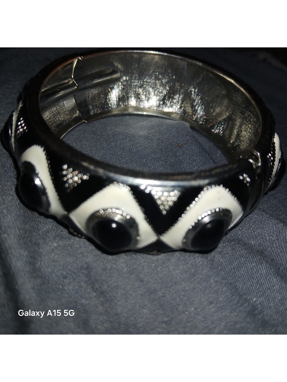 Beautiful Clamp Bracelet Silver Tone Off White Black Enamel 1 1/2" W x 2 3/8" Ac